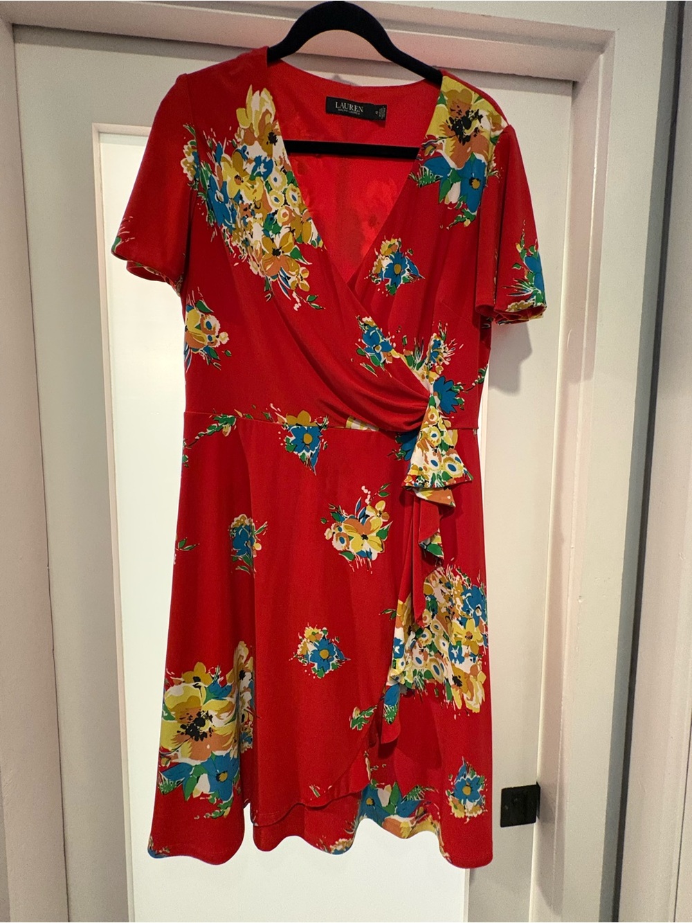 Ralph Lauren Red Floral Wrap Mini Dress with Blue & Yellow Accents